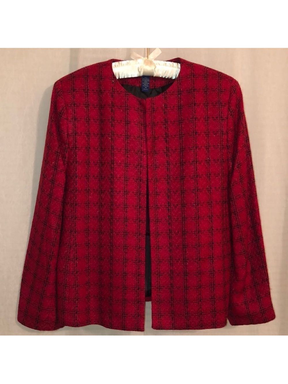 Karen Scott 14 Vibrant Red Black wSilvery Black Lurex Plaid Elegant Jacket